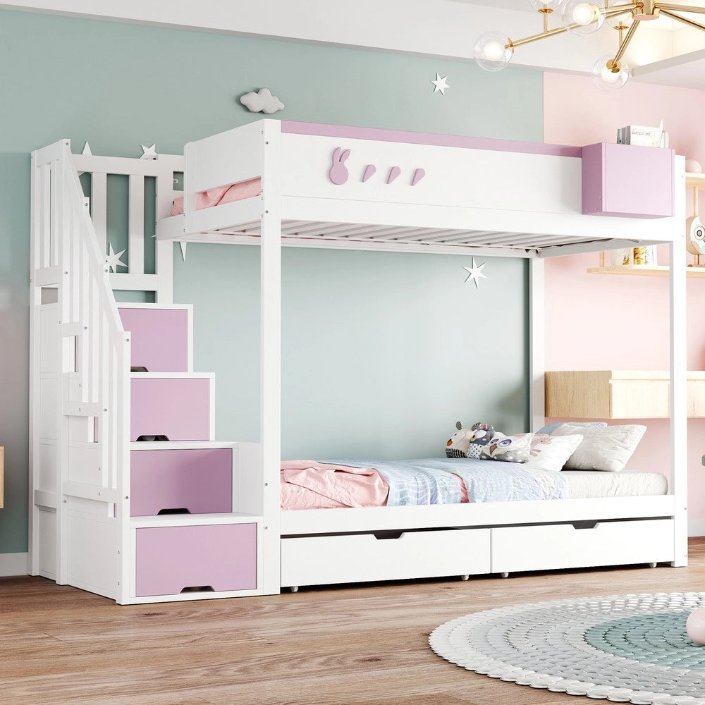 Letto a Castello Singolo con Cassetti e Doghe ¨C MINIMAL ¨C Bianco e Rosa, 90x200
