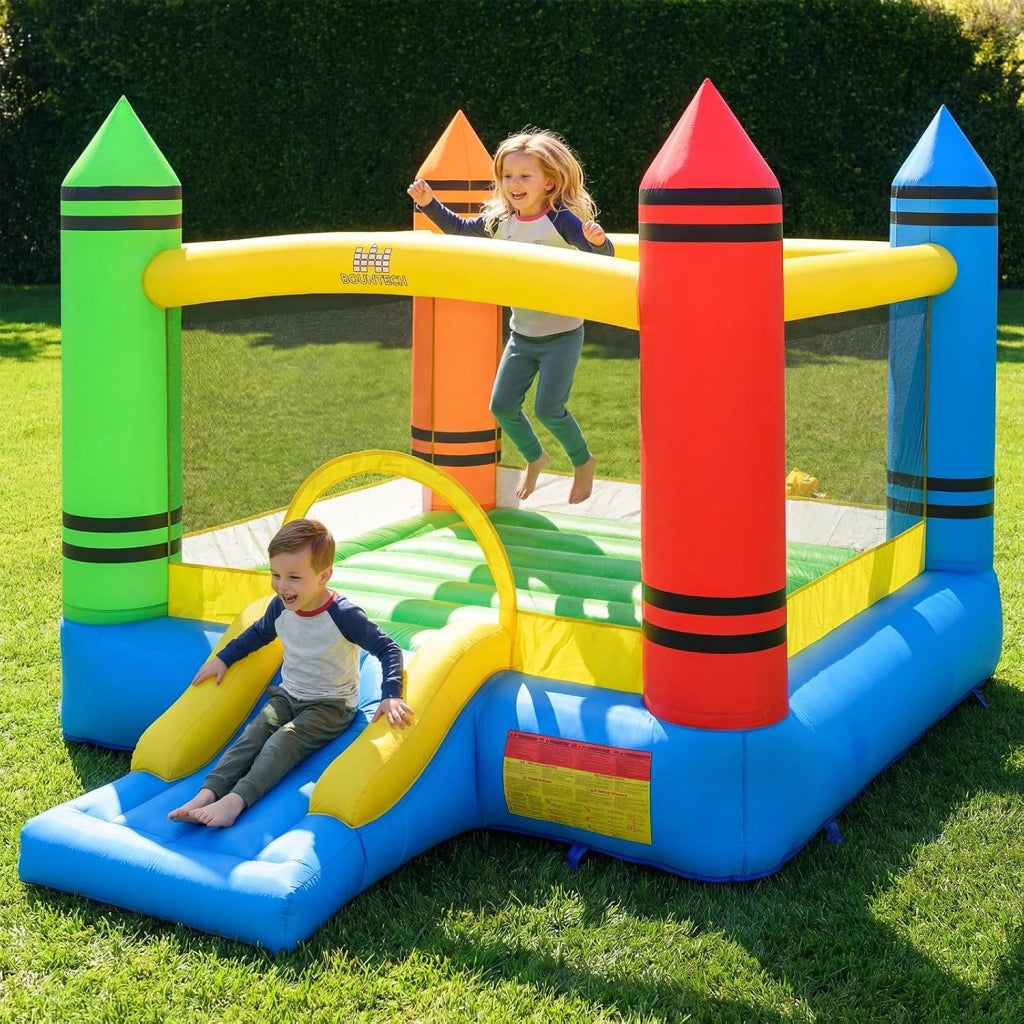 Castello Gonfiabile per Bambini, Casa Gonfiabile con Salto e Scivolo, Borsa di Trasporto e Kit di Riparazione, per 2 Bambini 3-12 Anni, Adatto per Esterno e Interno