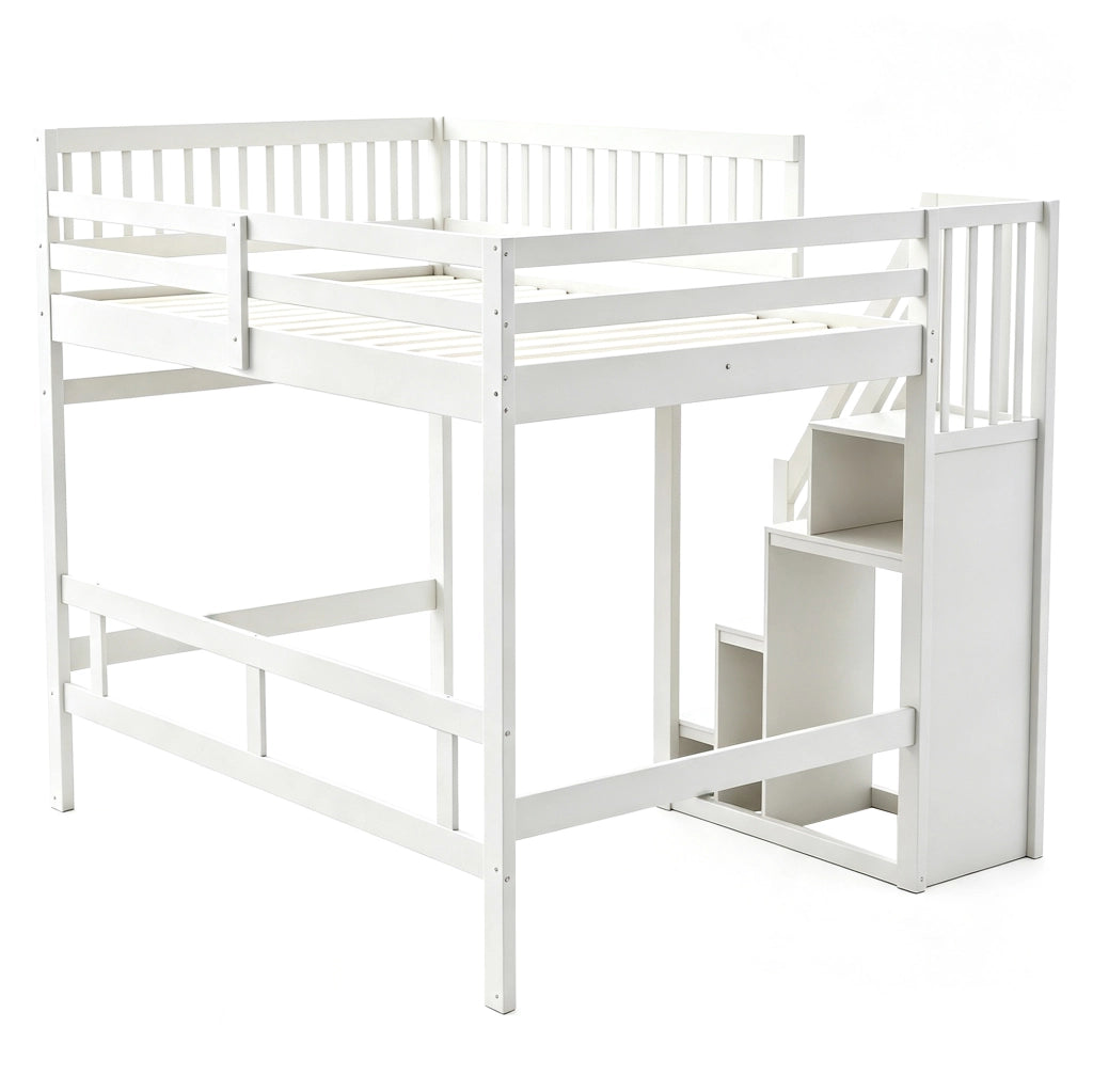 Letto in legno 140x200 con scala contenitore e sponde alte