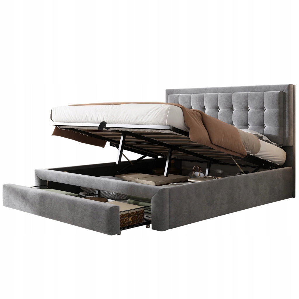 Letto 140x200cm - Xylo - Velluto, Contenitore, Struttura, Grigio