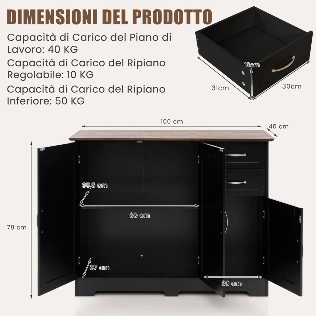Credenza Buffet, Armadio di Stoccaggio Moderno con 2 Ante e 2 Cassetti, Ripiano Regolabile, per Cucina, Sala da Pranzo, 100 x 40 x 78 cm (Nero)