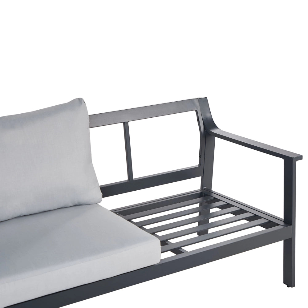 Divano da giardino 3 posti in alluminio con spessi cuscini idrorepellenti in grigio chiaro stile moderno scandinavo