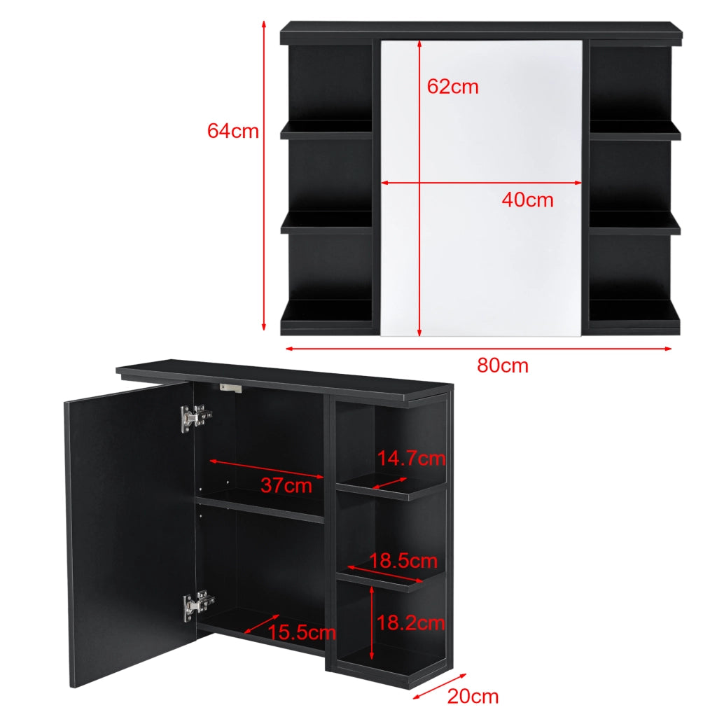 Armadietto da Muro Harstad per Bagno con Specchio Anta e Ripiani Laterali 64x80x20 cm - Nero [en.casa]