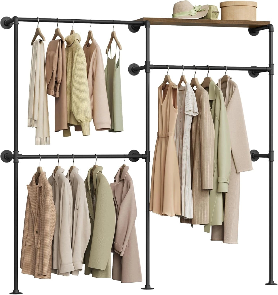 Attaccapanni a Muro, Appendiabiti da Parete, con Mensola Superiore e 3 Barre, per Soggiorno, Camera da Letto, Nero + Marrone Vintage