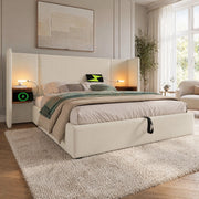 Letto matrimoniale 180x200 cm con testiera multifunzione; luce di lettura; USB e Type-C; beige