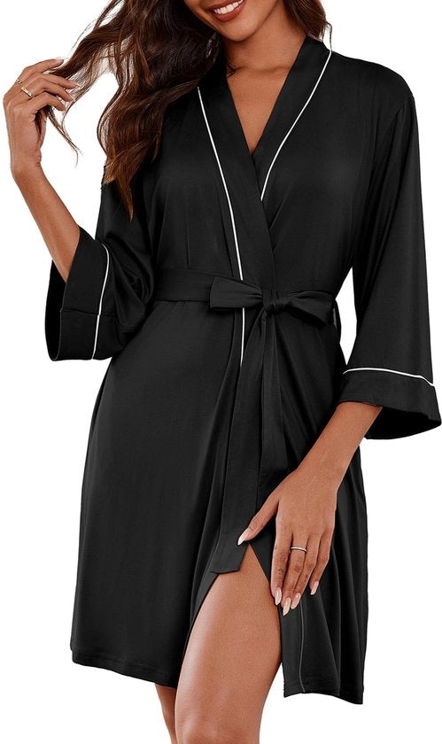 Badjas Dames Korte Kamerjas Zomer 3/4 Mouw Loungewear, Zwart, L