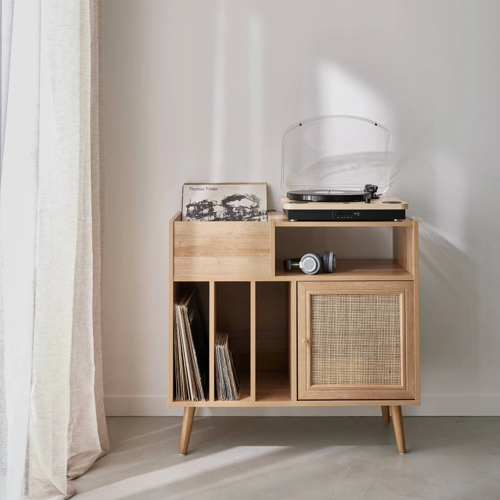 Mobile per vinili con decorazioni in canna e legno, marrone naturale