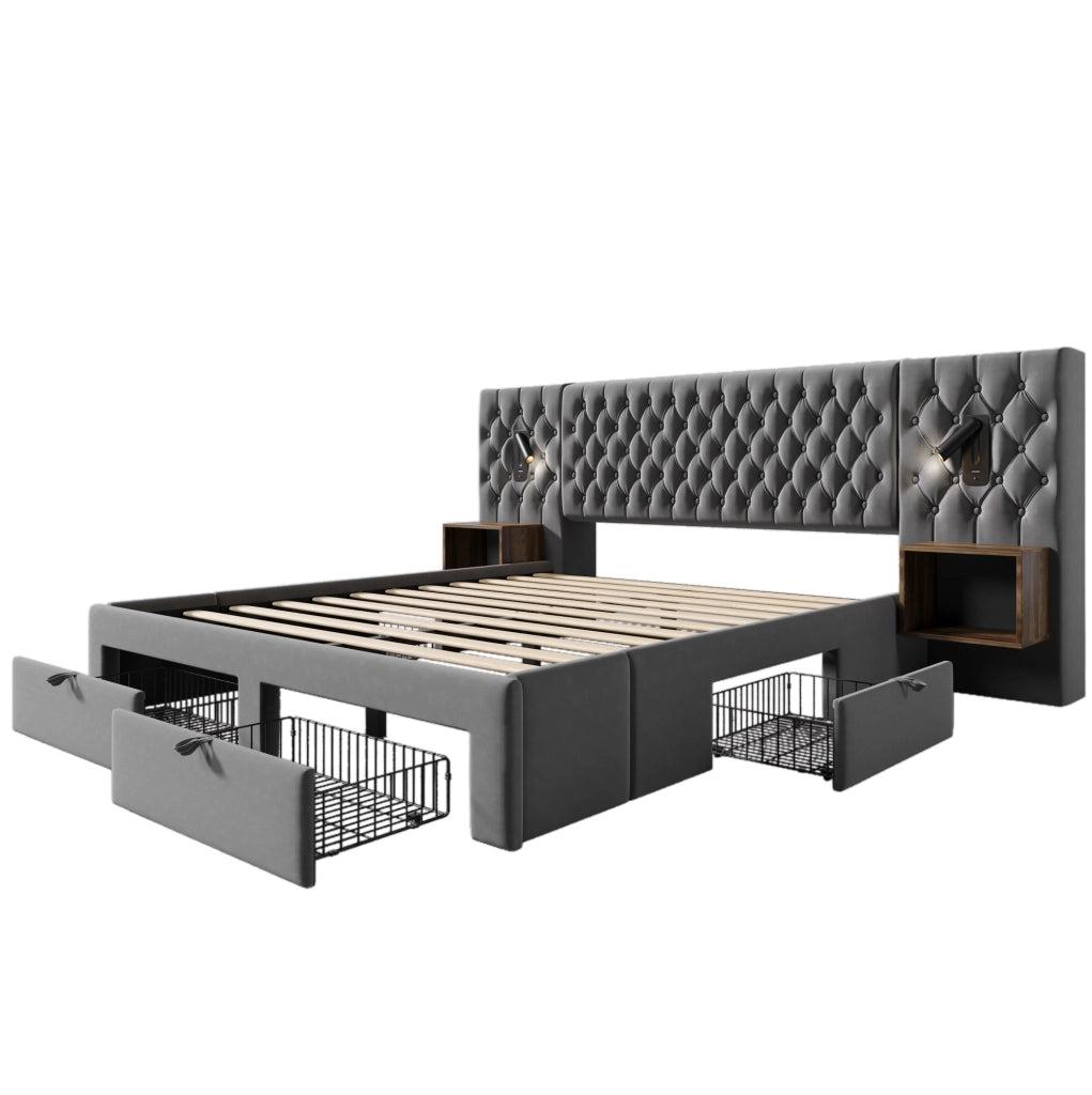 Letto matrimoniale 180x200 cm con 4 cassetti, USB e USB-C, rivestimento in velluto grigio