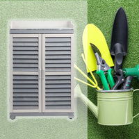 Armadietto grigio da esterno con piano di lavoro per giradinaggio, Mobile da giardino