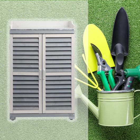 Armadietto grigio da esterno con piano di lavoro per giradinaggio, Mobile da giardino