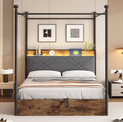 Letto matrimoniale a baldacchino 140x190 cm con contenitore; LED; USB e Type-C; nero