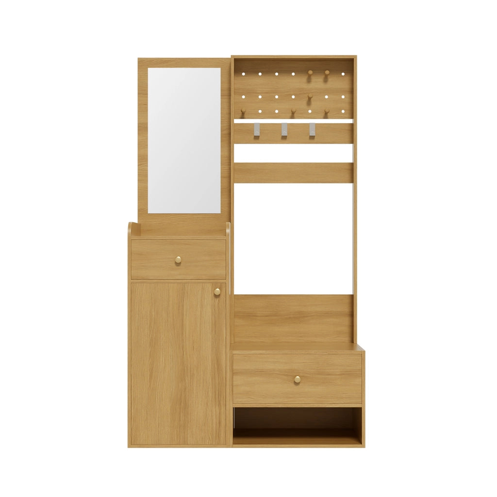 Mobile Ingresso con 2 Cassetti; 1 Armadio e Ripiani; con Specchio e Ganci Regolabili; Stile Moderno; in Pannello truciolare; Legno; 105??38??180 cm