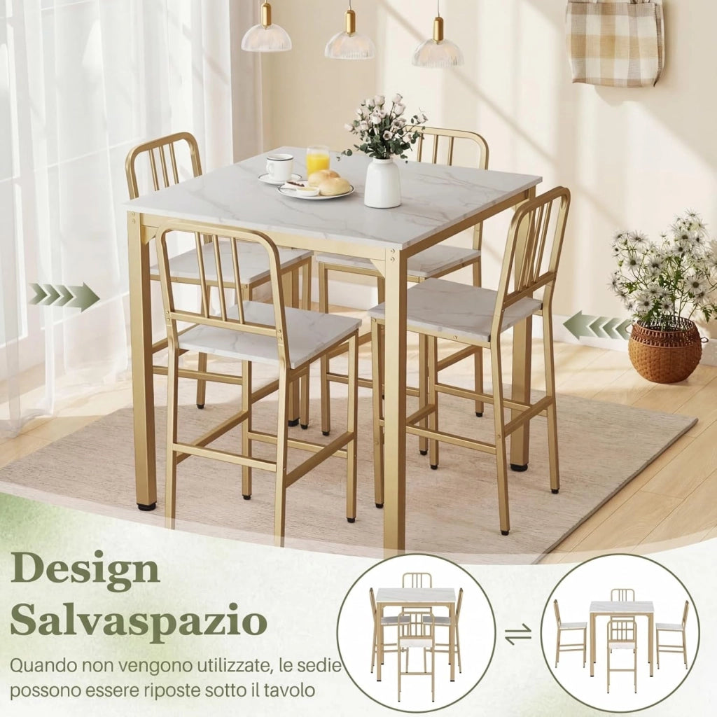 Set da Pranzo per 4 Persone, Set Cucina Bar 5 Pezzi con Superficie in Finto Marmo, Tavolo Quadrato in Legno e 4 Sgabelli Alti per Angolo Colazione e Sala da Pranzo (Bianco)