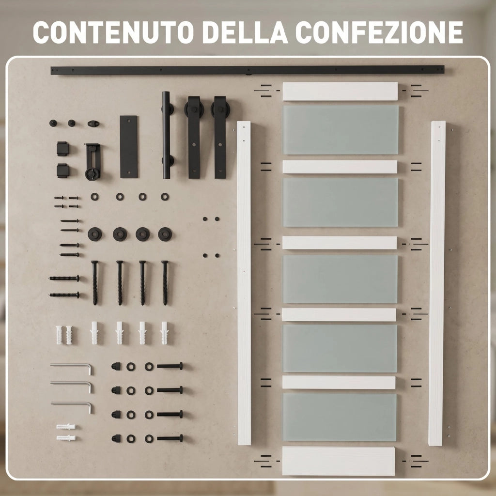 Porta Scorrevole con Kit ¨C zephmum ¨C Pannelli in Vetro, Effetto Legno Bianco, 91.4x213.4cm