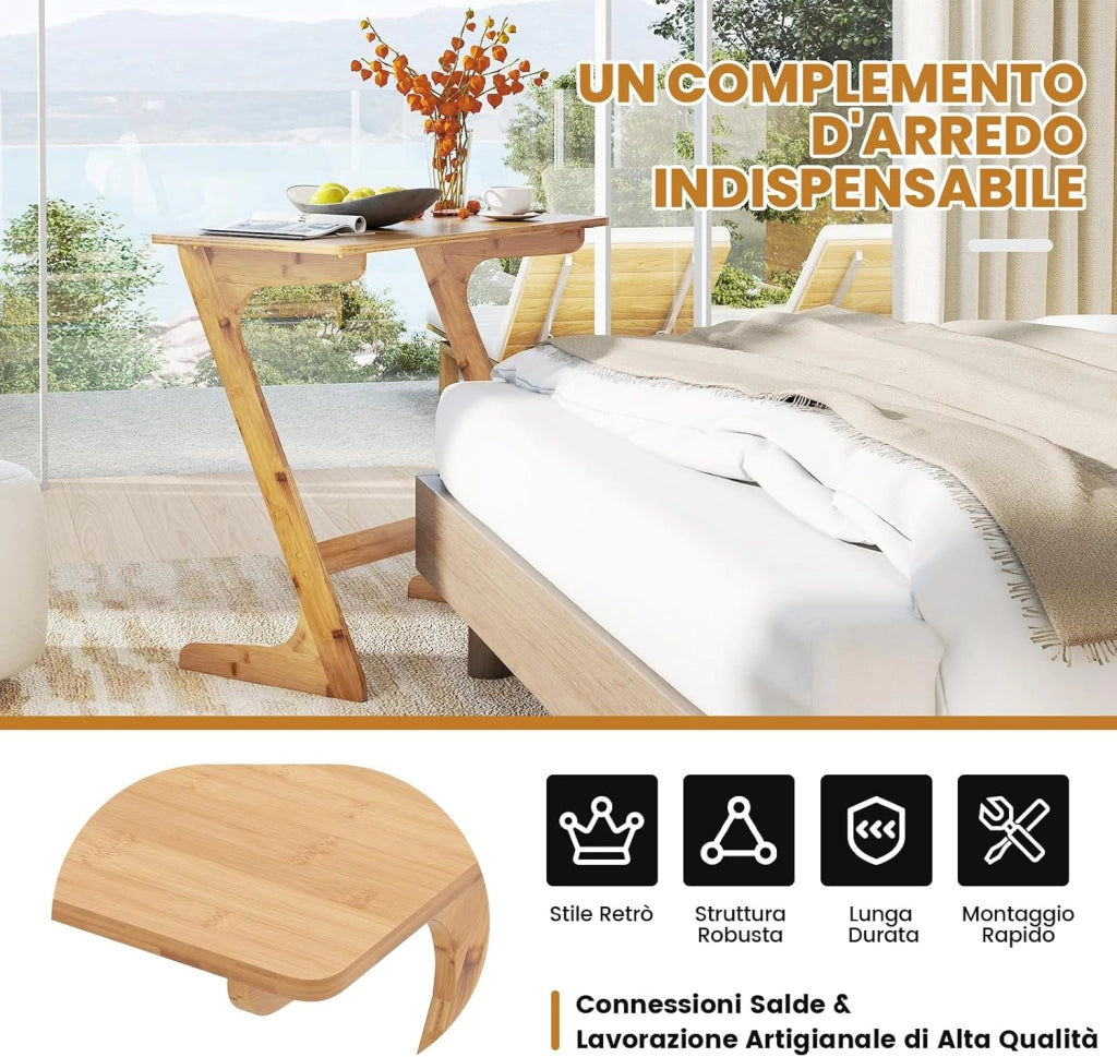 Tavolino Laterale, Tavolino da Divano e Letto in Bambù con Ampio Piano per Laptop, Struttura Stabile, Design Salvaspazio per Camera da Letto, Soggiorno, Studio, 75 x 40 x 70 cm (Naturale)