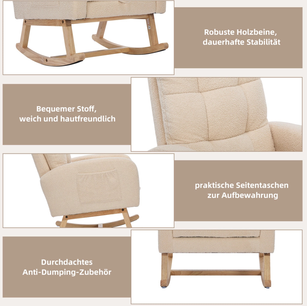 Poltrona a dondolo ergonomica beige in bouclé con tasca laterale