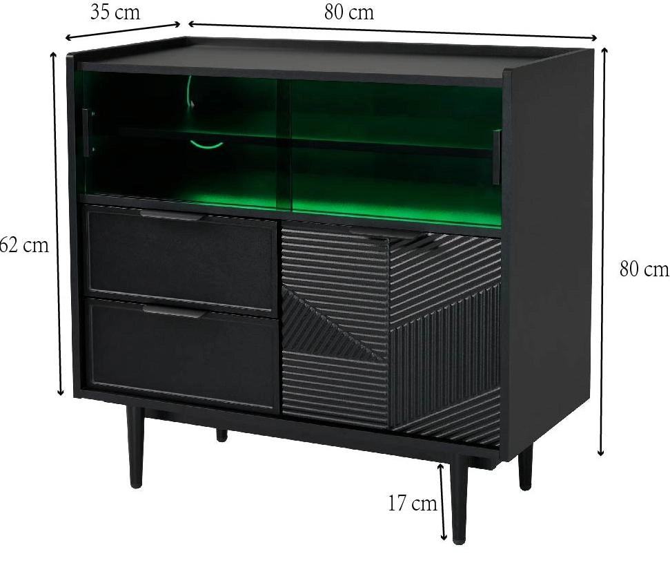 Credenza contenitore 80 cm in MDF nero con anta in vetro e LED