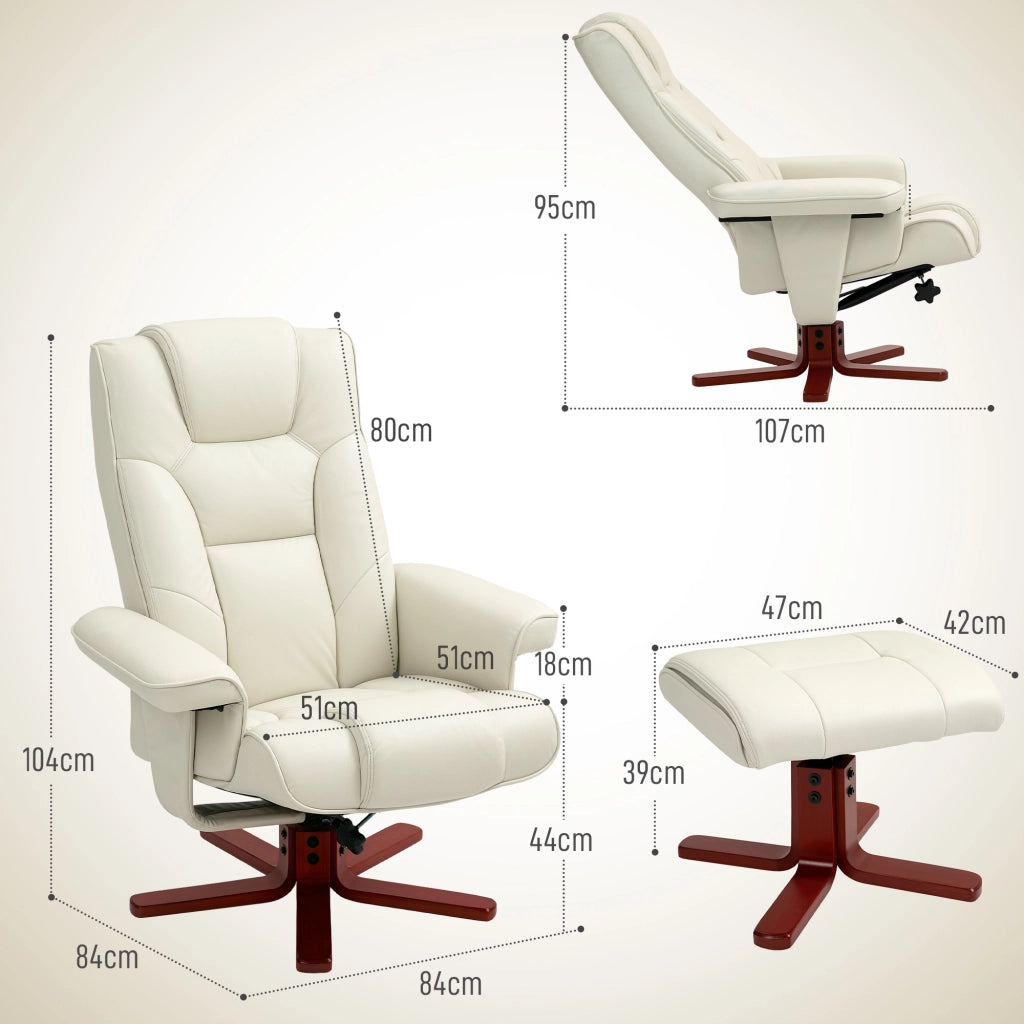 Poltrona relax con pouf reclinabile e funzione dondolo, rivestimento in similpelle crema bianca