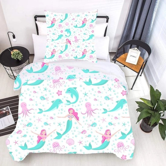 Set di lenzuola per bambine da 135 x 200 cm, set di lenzuola con microfibra soffice, lenzuola da letto con disegno di sirena e zip, compreso un cuscino da 80 x 80 cm.