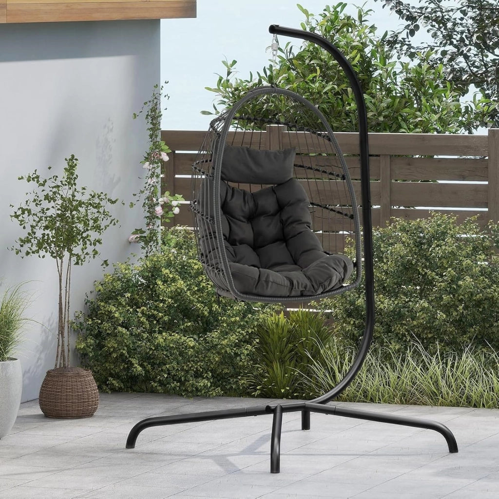 Set Sedia a Uovo Sospesa, Sedia Amaca con Cuscino, Set Altalena in Vimini da Interno/Esterno, Altalena da Giardino con Supporto in Metallo, Portata 150 kg