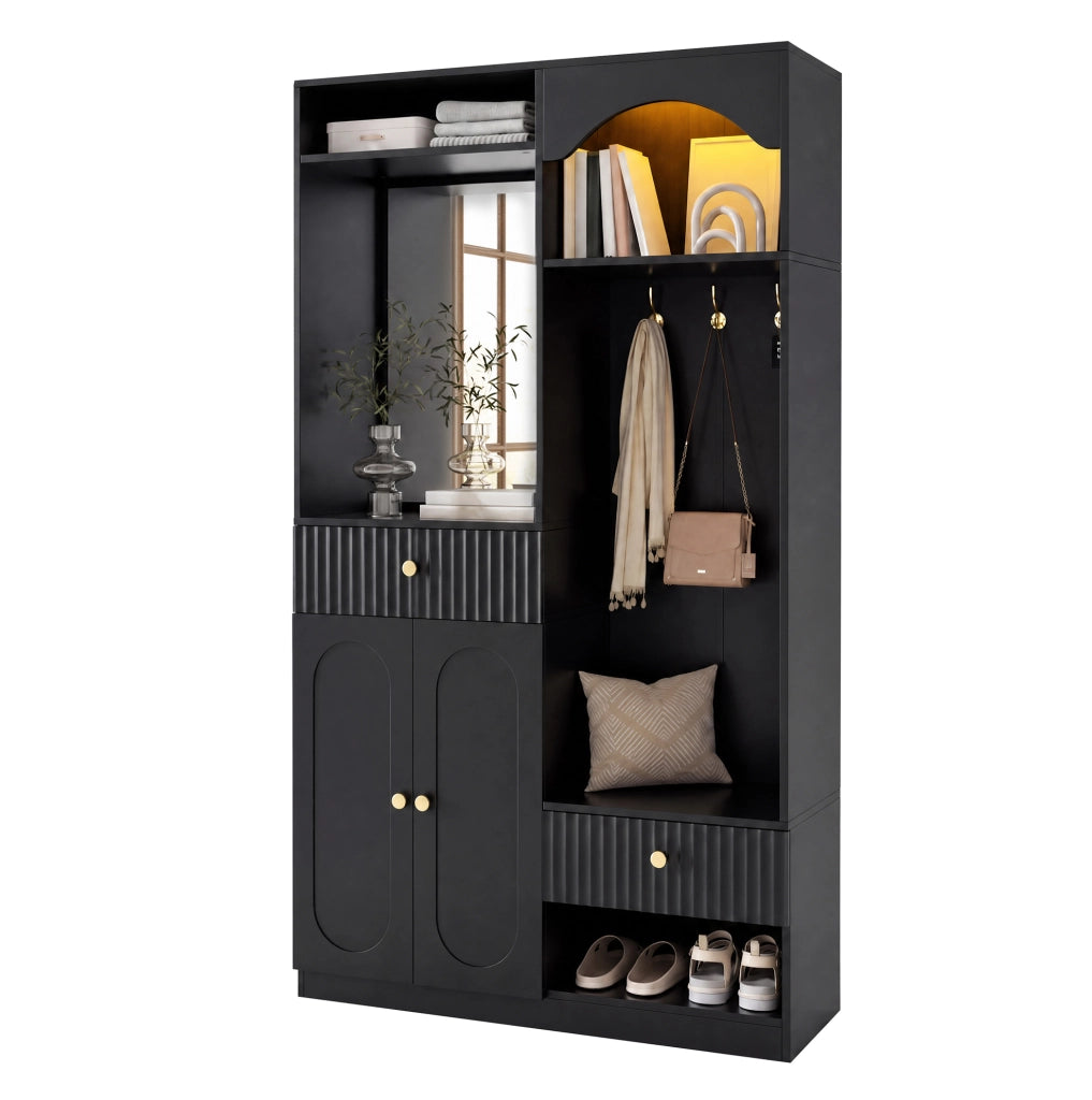 Garderoba da ingresso 100x35x180 cm con specchio; seduta e LED; MDF; nero
