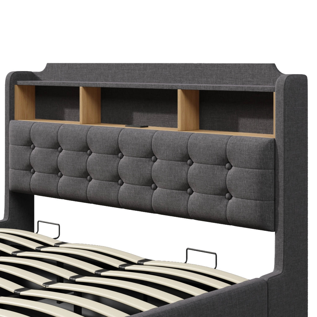 Letto matrimoniale imbottito 180x200 cm in lino grigio con LED; contenitore idraulico e USB