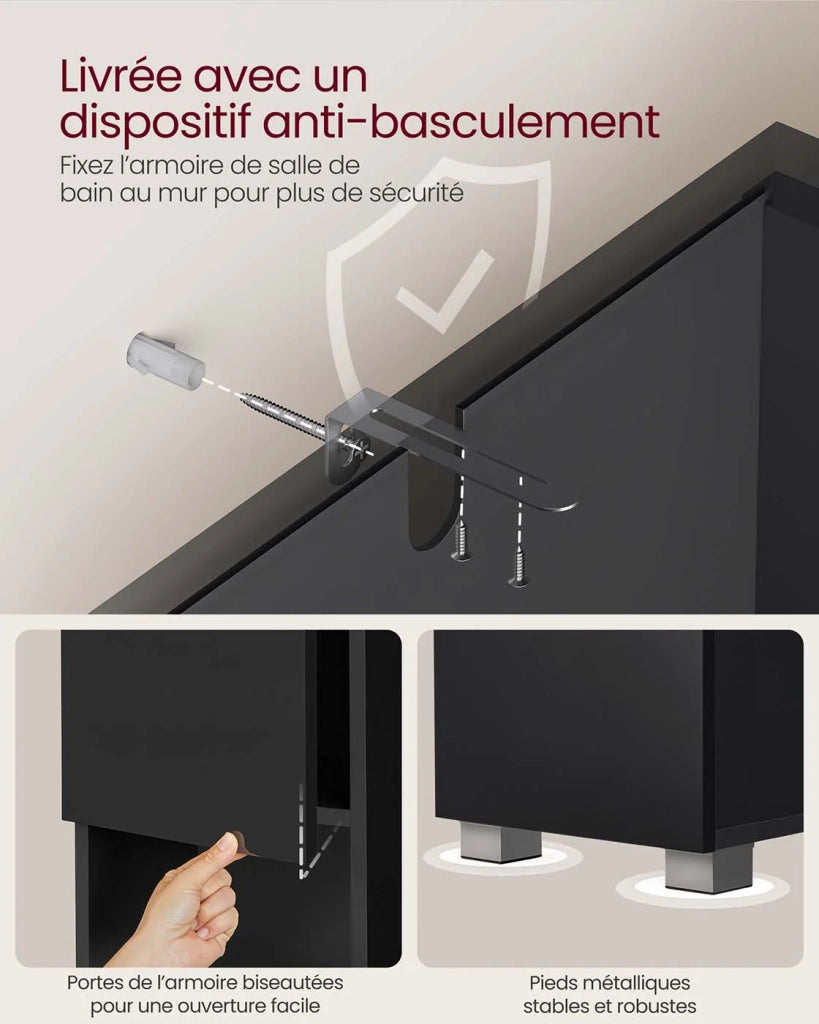 Mobiletto da bagno contenitore a colonna con cassetto ripiani regolabili scomparti 30 x 30 x 170 cm nero 12_0004020