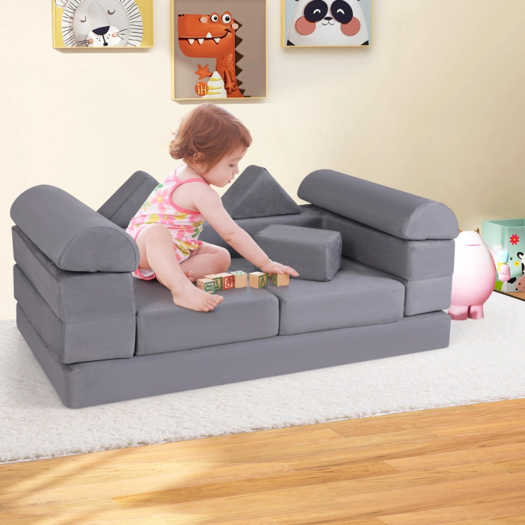 Divano giocattolo modulare per bambini con tessuto suede coperture lavabili, Set di gioco in schiuma a 9 pezzi Grigio