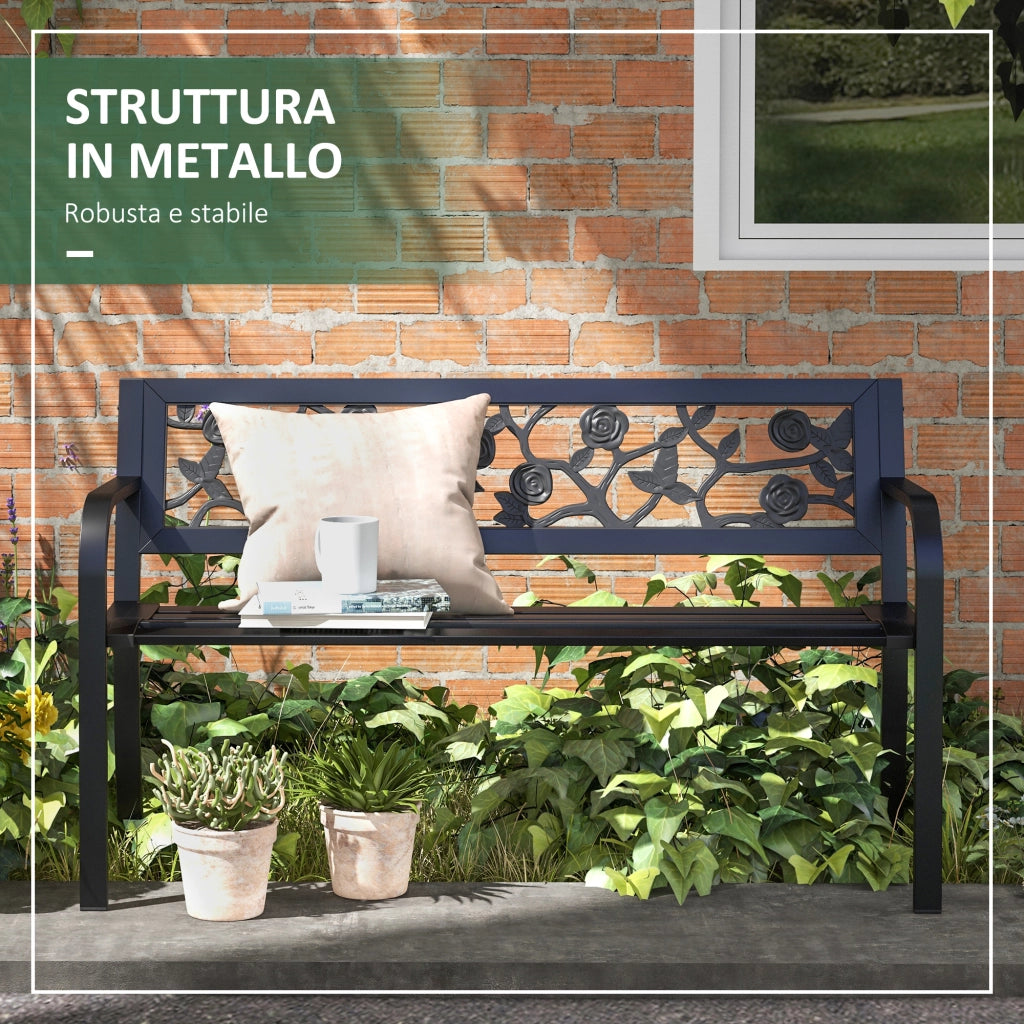 Panchina da giardino 2 posti in acciaio resistente per esterno e terrazzo, schienale decorato e braccioli, 127x50x75cm, nero