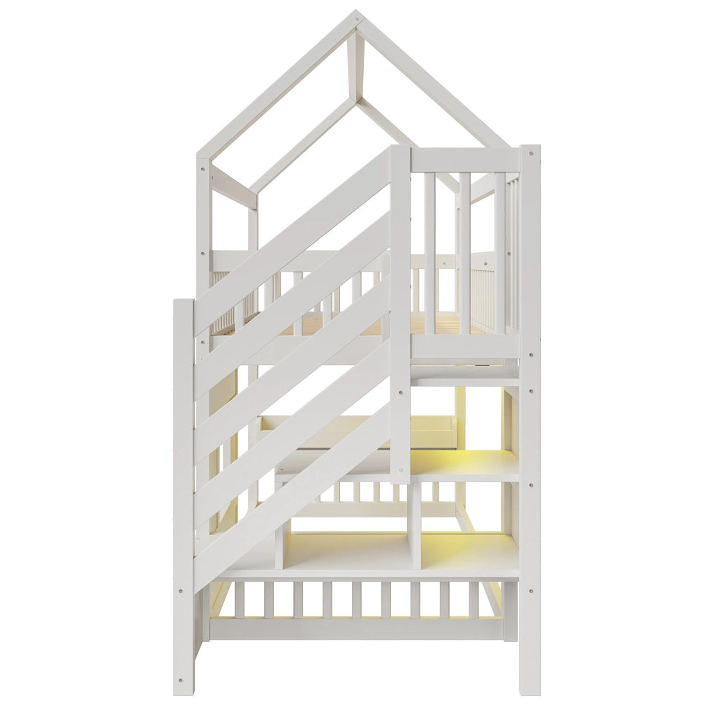 Letto a soppalco 90x200 cm con scala; vani portaoggetti e LED in MDF; legno e compensato bianco