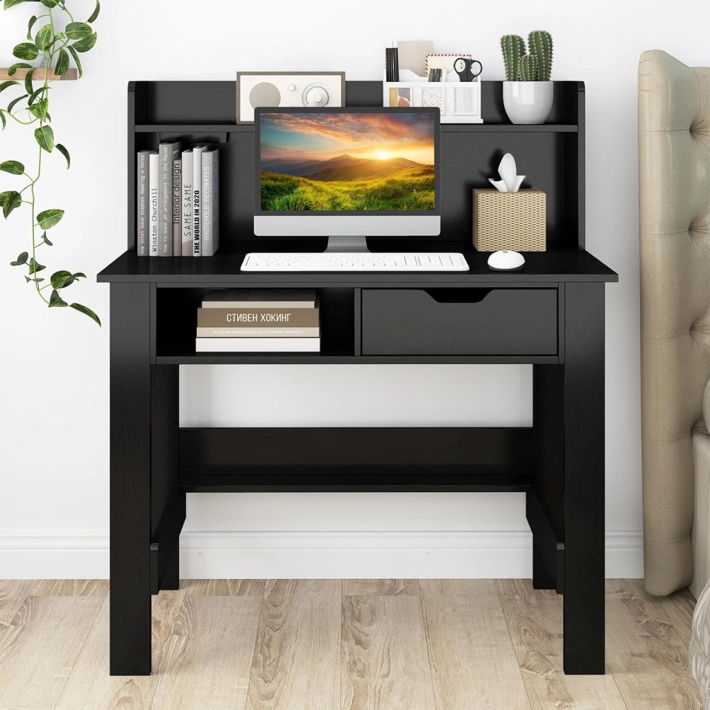 Scrivania con ripiano, scrivania per computer con cassetto e stazione di ricarica, porta USB e Type-C, 95 x 56 cm, tavolo da toeletta senza specchio (nero)