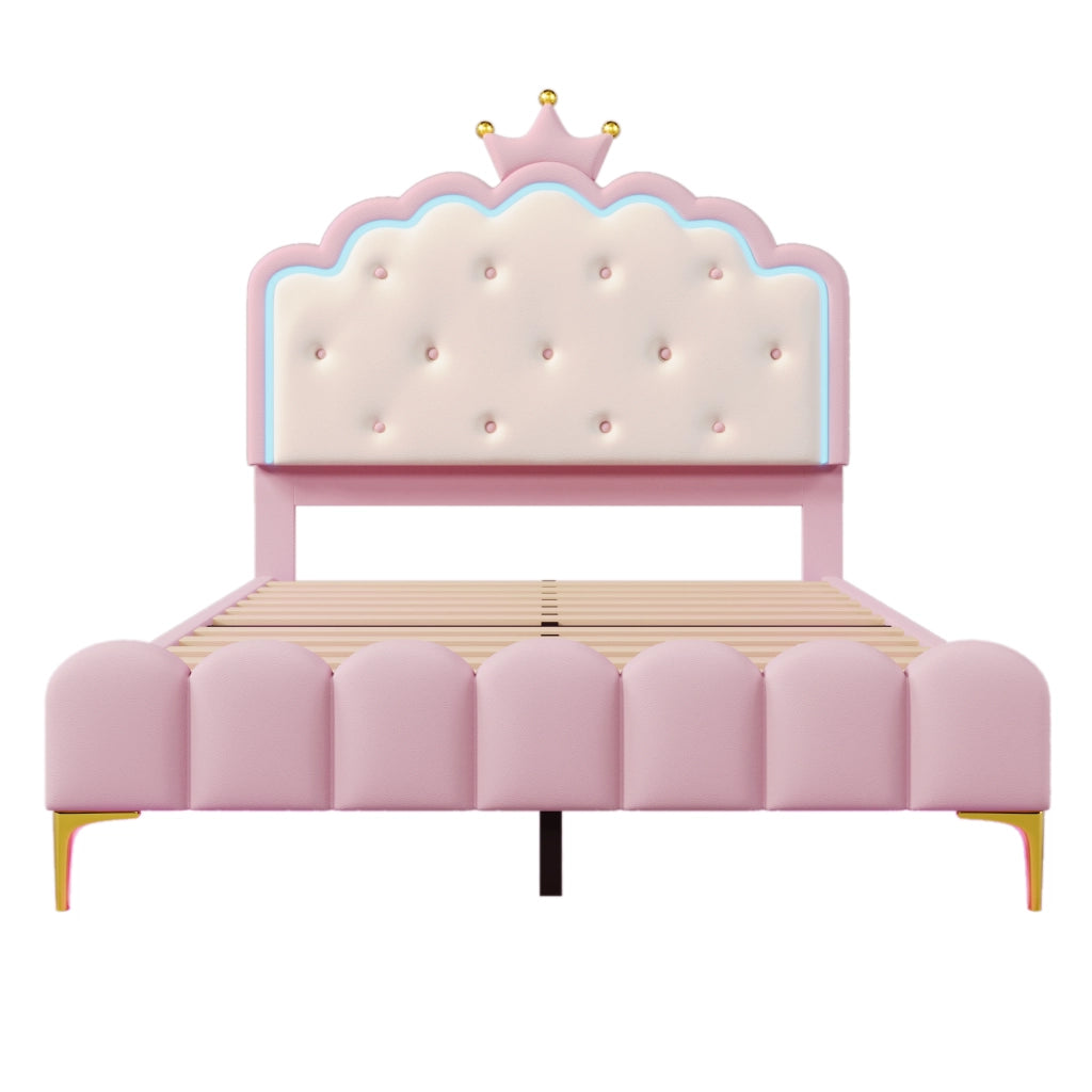 Letto a corona per bambine con LED e app; gambe in metallo; PU rosa; 140x200 cm; senza materasso