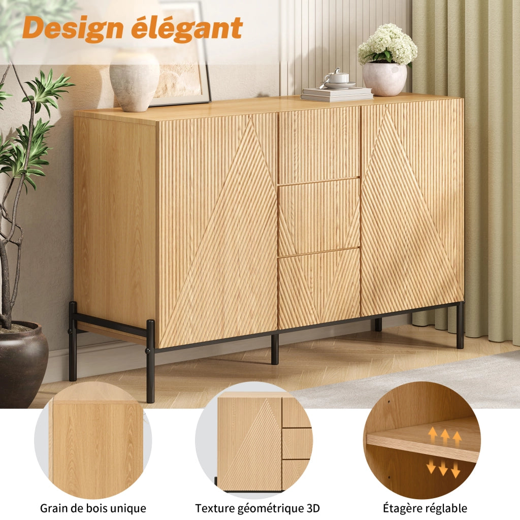 OKWISH Credenza con 2 Ante e 1 Cassetto, Frontali Geometrici, Gambe in Metallo, MDF, Naturale, 115,5 x 40 x 76 cm