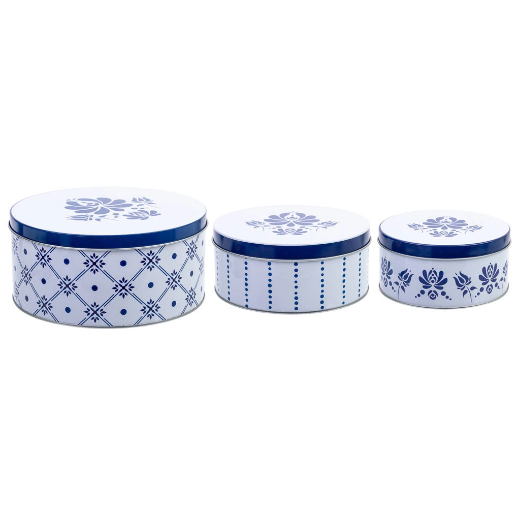 Set 3 contenitori in metallo blu e bianco D20x9h-D18,5x7,5h-D14x6,5h cm