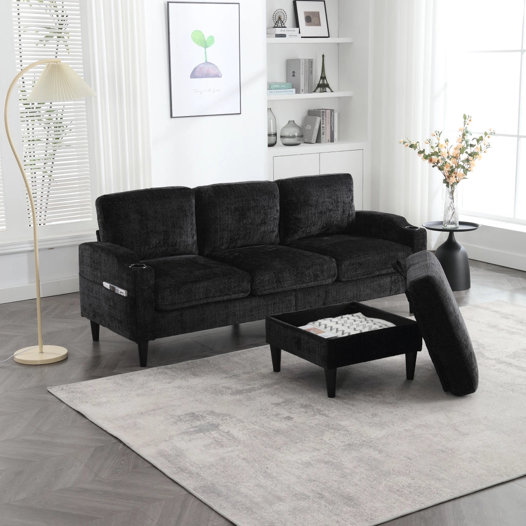 Divano Dritto 4 Posti con Pouf Contenitore; Portabicchieri e Tasche Laterali; Struttura Metallo Legno in Chenille Nera