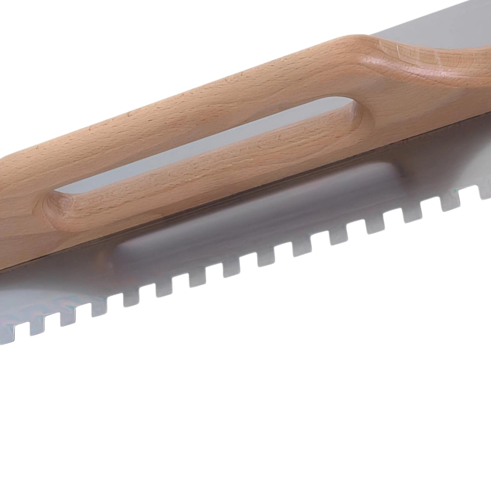 Spatola dentata acciaio 48x13cm impugnatura legno cerato 10x10mm