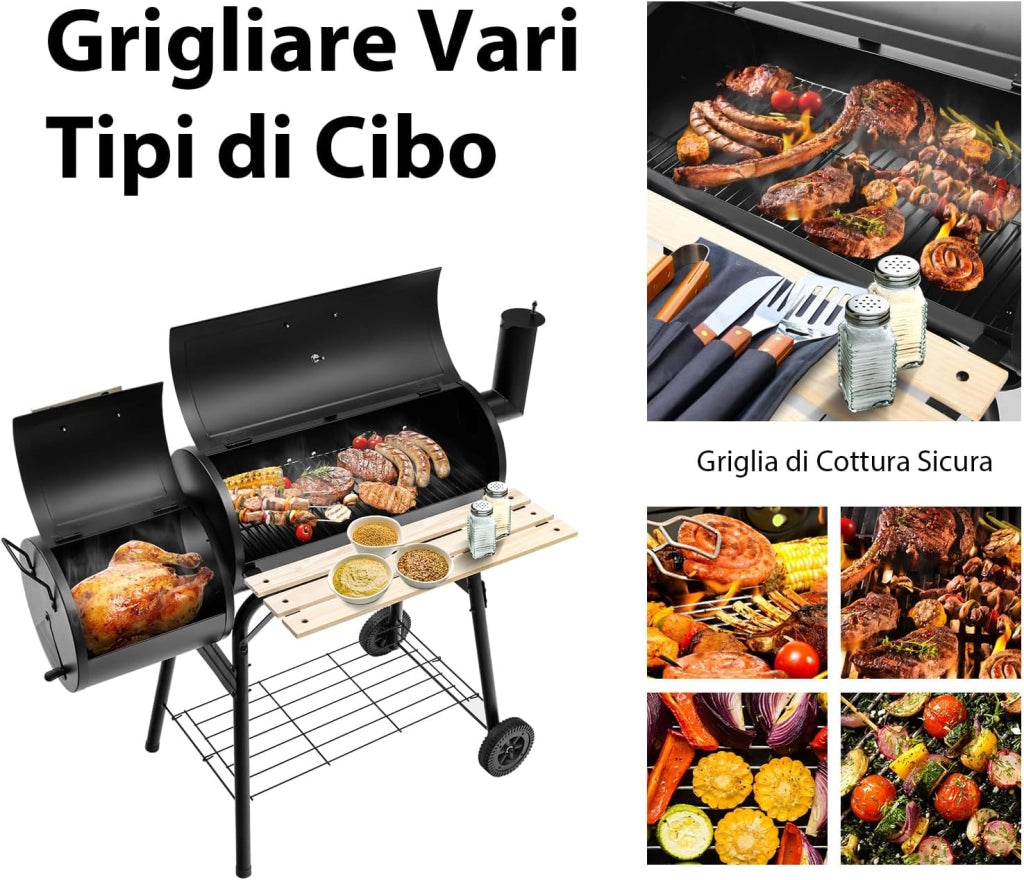 Barbecue a Carbonella in Metallo con Ruote e 2 Fornelli, Carrello per barbecue a carbonella per Esterno con Termometro, Affumicare e Grigliare 2 in 1, 115 x 65 x 108 cm