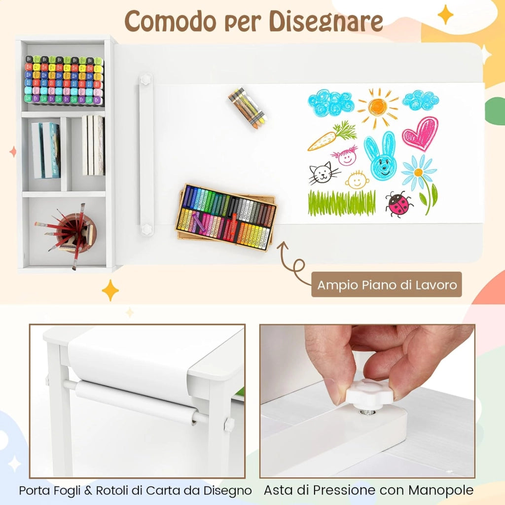 3 in 1 Set Tavola d’Arte e 2 Sedie per Bambini, Tavolo in Legno con Rotolo di Carta per Disegnare, Mobile Montessori per Cameretta con Ripiani e 4 Cassetti in Tessuto Salvaspazio (Bianco)