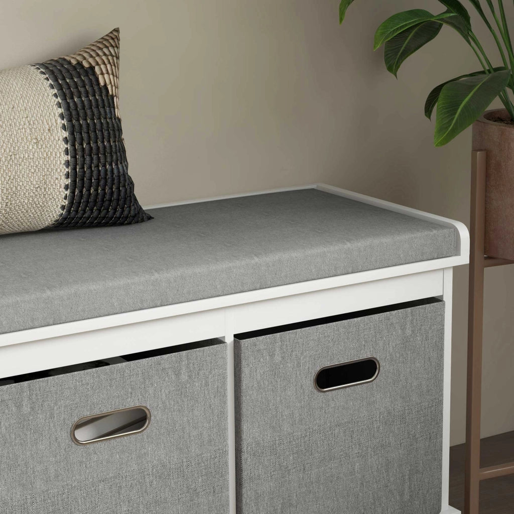 Panca Scarpiera 105x35x47 cm 3 Ceste e Seduta Imbottita in Legno Bianco e Grigio
