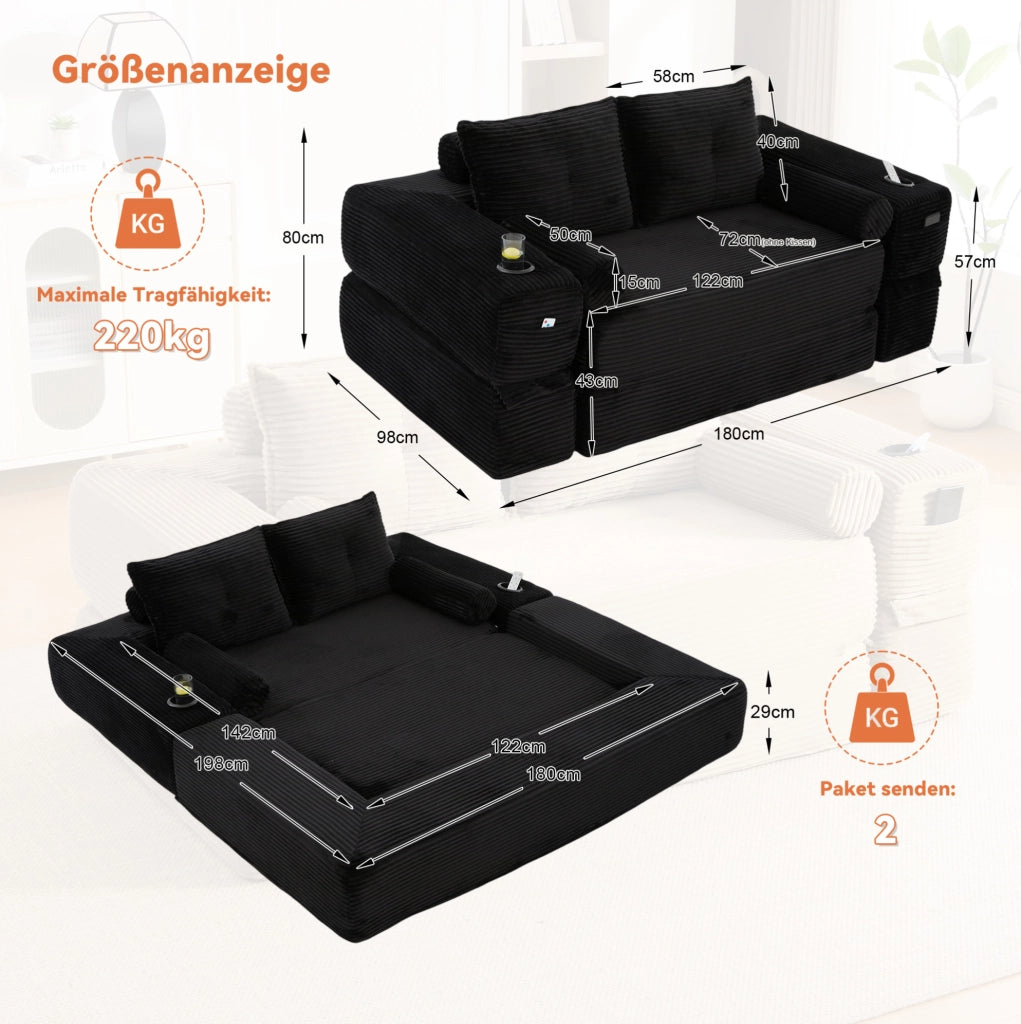 Divano letto modulare in velluto a coste nero 180x98 cm