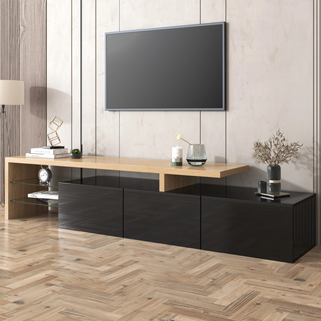 Mobile TV 197.5x39x42 cm; con ripiani in vetro e LED a 7 colori; MDF e vetro; colore naturale e nero