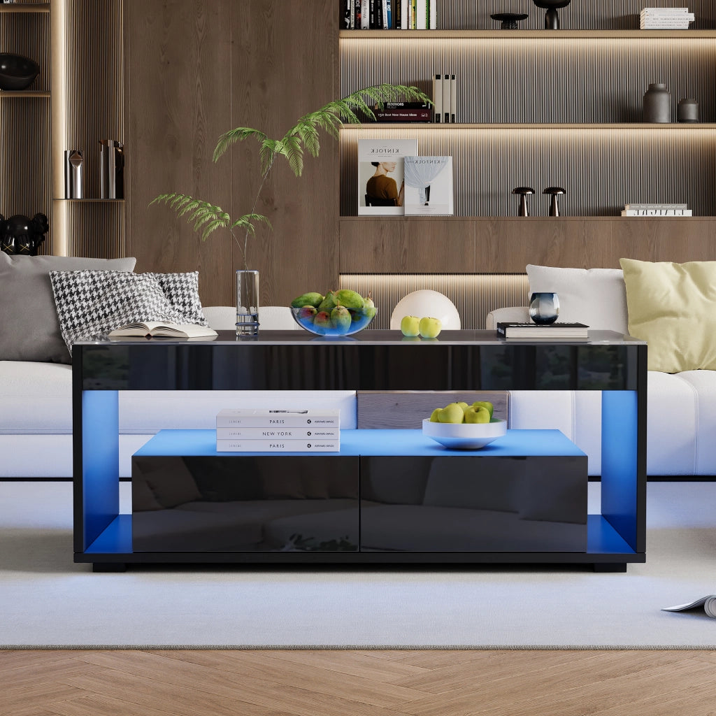 Tavolino da caffè 100x50x40 cm; con LED e 2 cassetti; piano in vetro temperato; truciolare; nero