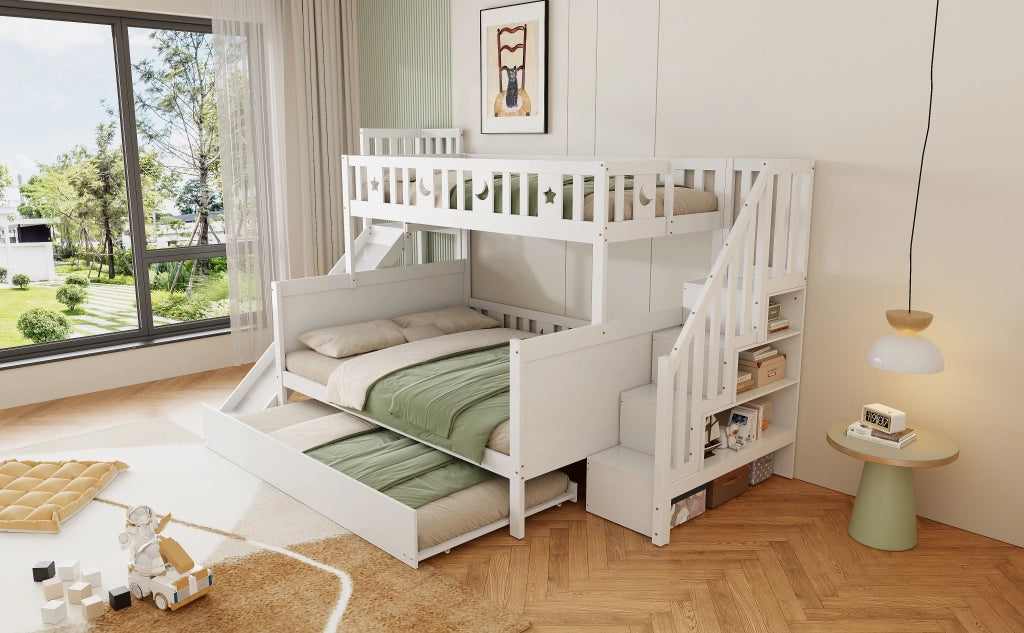DESMIU Lit a castello per bambini 90 × 200 cm e 140 × 200 cm con scivolo, scala, vano contenitore e letto estraibile, senza materasso, bianco