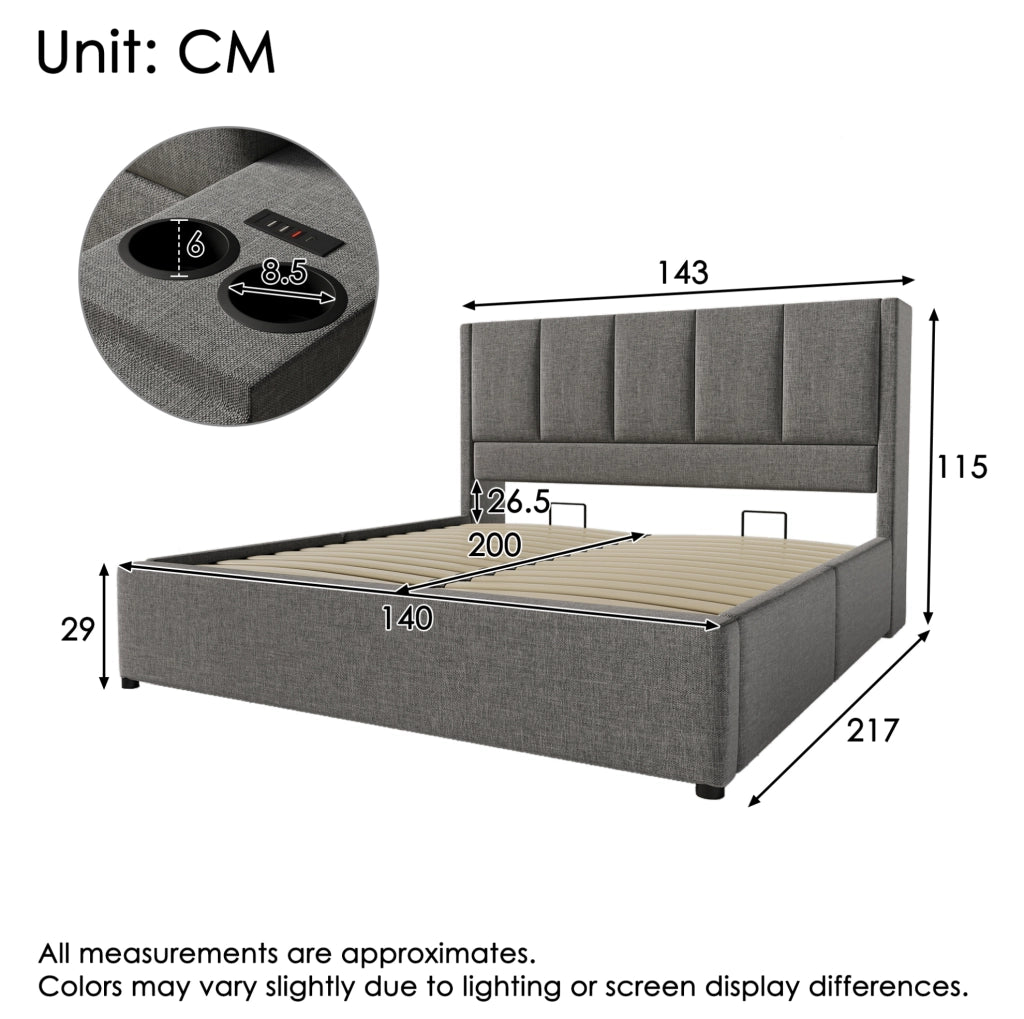 Letto imbottito 140x200 cm con vano contenitore e USB-C