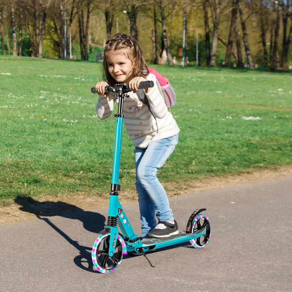 Monopattino da bambino con 2 ruote, LED e freno, skateboard pieghevole, 3 altezze regolabili, scooter in alluminio con cavalletto e cintura, carico 100 kg, bambini 8 anni