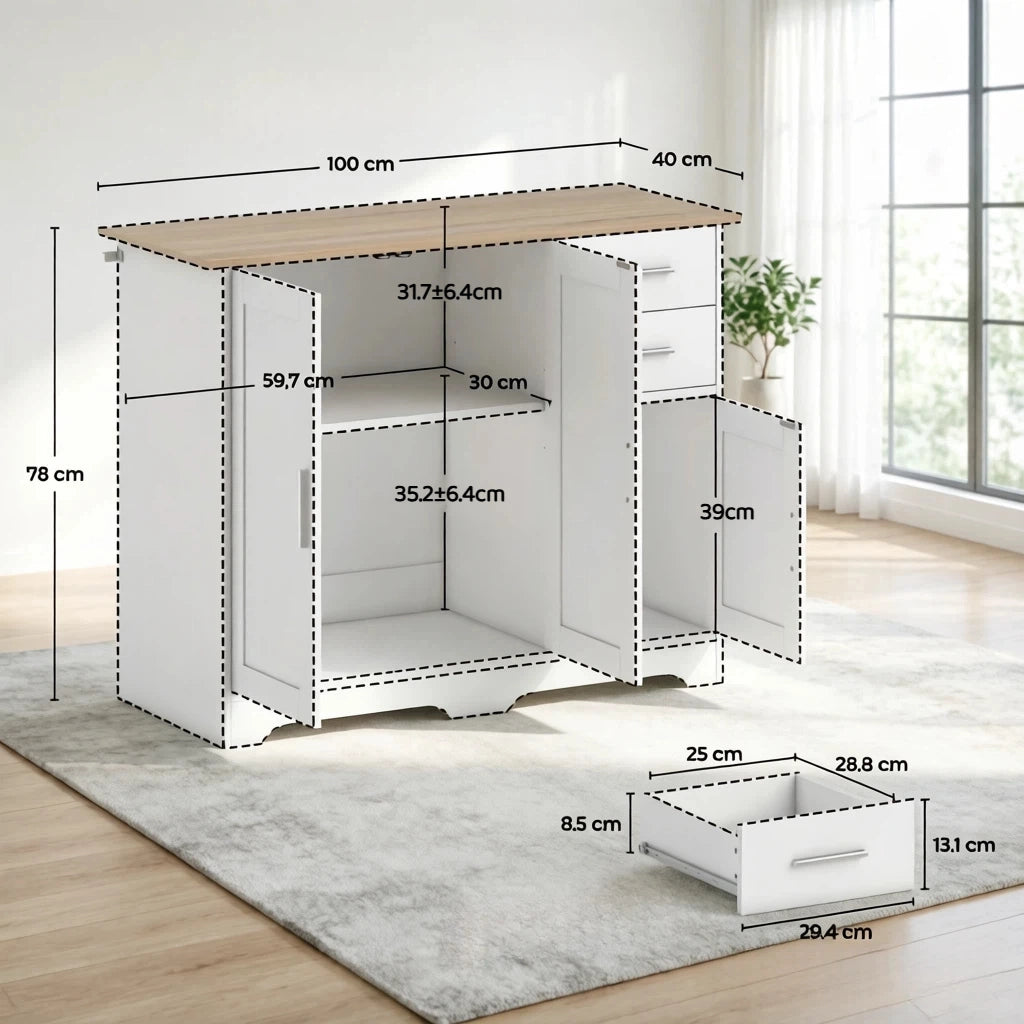 MADIA con 2 Cassetti e 2 Ante 100x40x78 cm Bianco Effetto Legno Naturale
