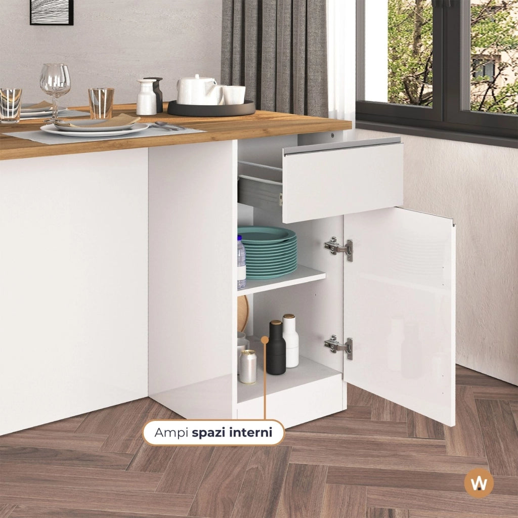 WHOUS Isola da cucina Sole a 2 ante e 2 cassetti bianco lucido e rovere 160x90x90 cm