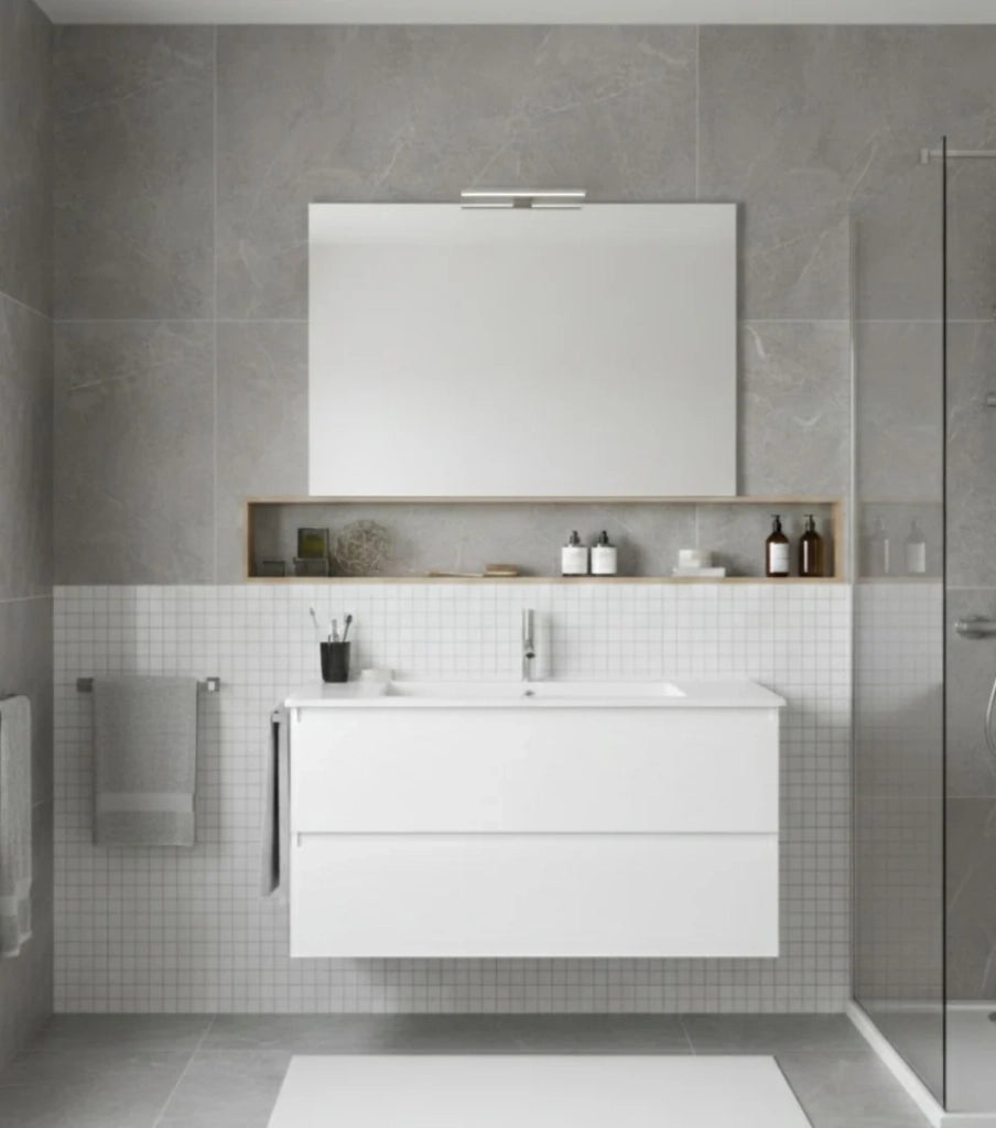 Mobile Bagno LOKI Già Montato 2 cassetti con piedini, lavabo e specchio Bianco lucido 50x40 cm
