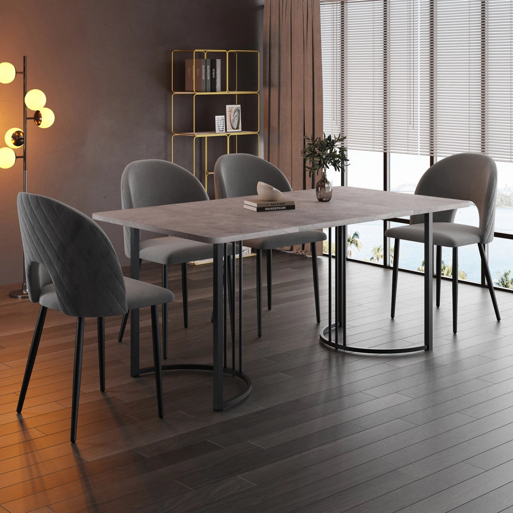 Tavolo da pranzo per 4 persone con 4 sedie, piano effetto marmo e gambe regolabili, grigio, 140 × 80 cm