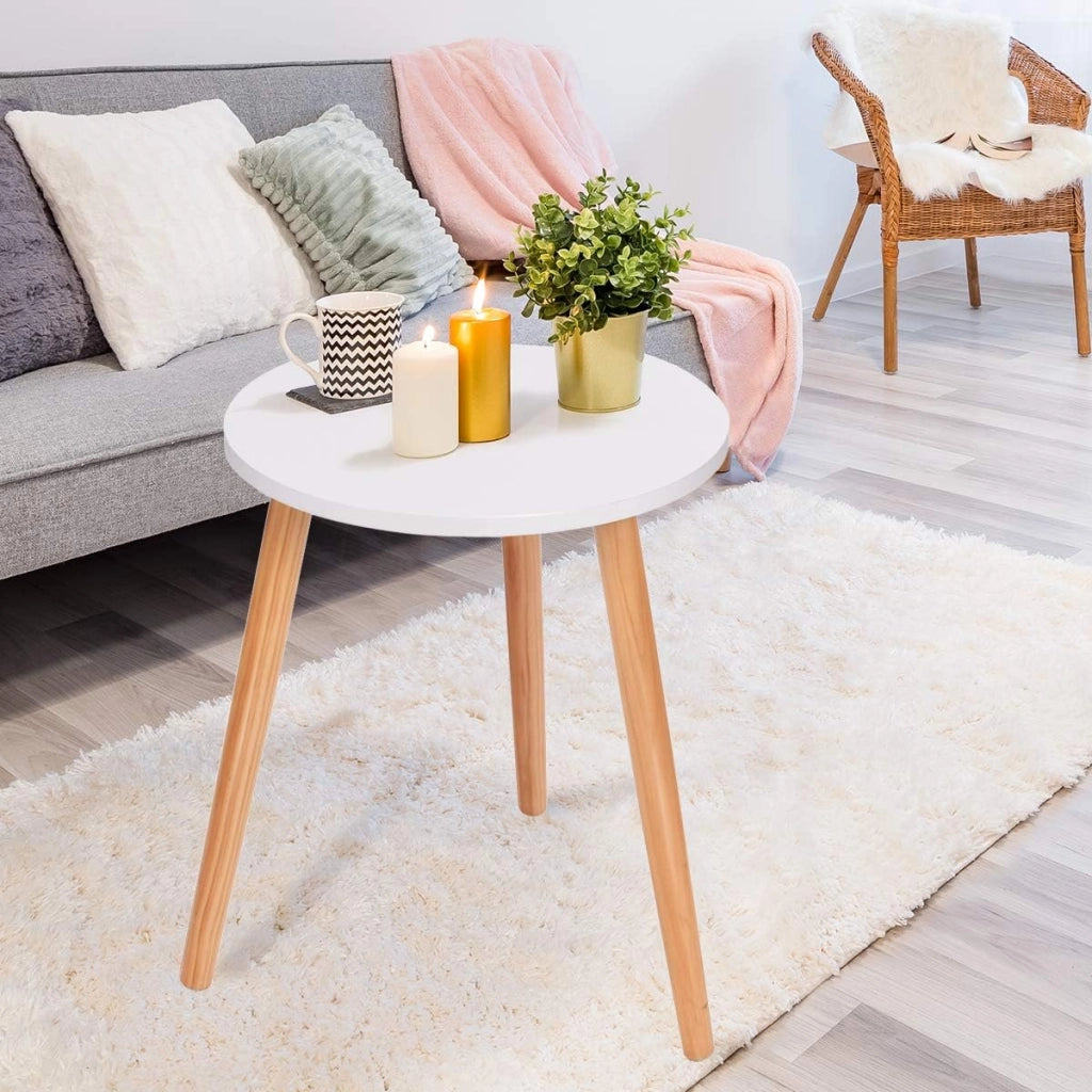 Tavolino da Caffè Rotondo, Tavolino da Soggiorno in Legno per Camera da Letto, Soggiorno, Balcone, Comodino con 3 Gambe in Pino, Bianco, 40x40x48cm